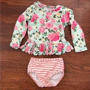 RuffleButts Girls 2T Pink & Blue Floral Long Sleeve Rashguard 2 Piece Swim
